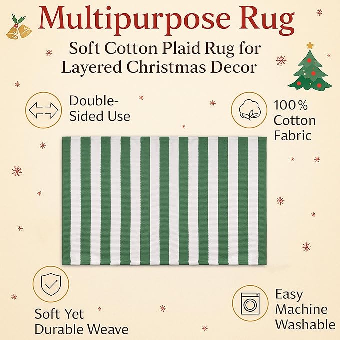 Christmas Green & White Striped Rug - 4' x 6' Outdoor Front Door Decor Mat Cotton Washable Hand-Woven Rug Christmas New Year Holiday Porch Entryway Layered Doormat