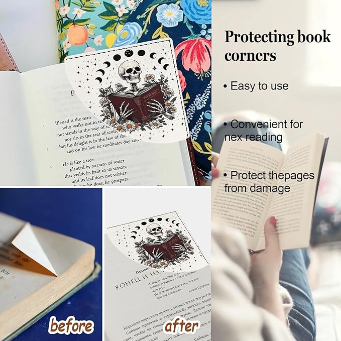 Skeleton Book Marks for Reading Women, 4 Pcs Funny Leather Book Accessories for Book Lovers, Skull Corner Bookmarks, for Women Men Student Teacher Retirement Birthday Gifts