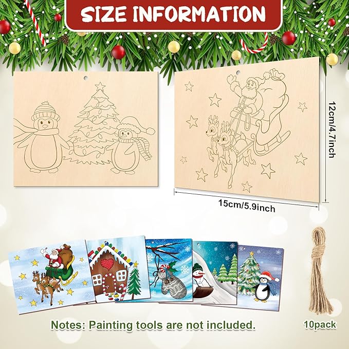 COCHIE 10 Pieces Large Christmas Unfinished Wood Crafts to Paint for Adults and Kids, Bulk Winter Predrilled Wooden Ornaments for Painting, Peppermint Candy House Paintable Wood Slices Craft Supplies