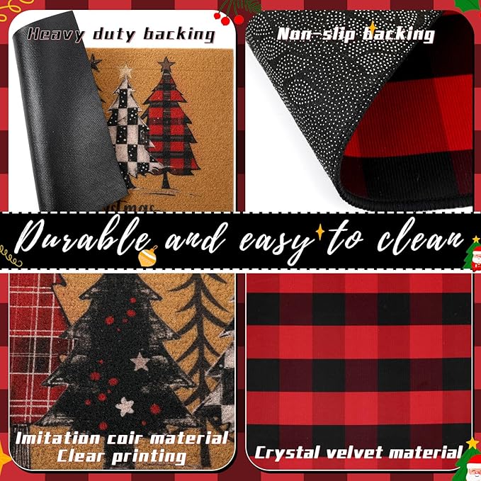 2 Pcs Christmas Front Porch Rug Buffalo Plaid Christmas Front Door Mats Imitation Coco Coir Xmas Welcome Layering Rugs for Outdoor Home Winter Festival Holiday Farmhouse Decor, 28 x 43 Inch