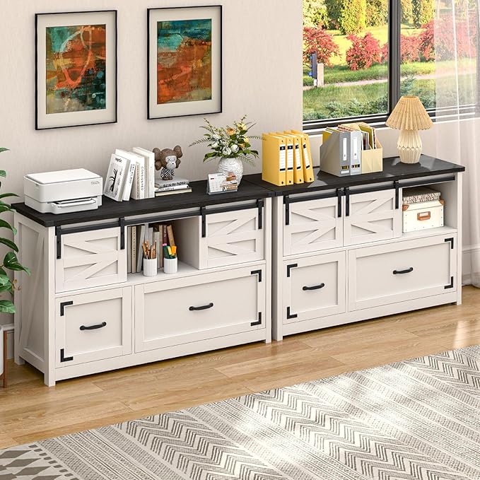Lateral File Cabinets 2 Drawer with Sliding Barn Doors, Farmhouse Filing Cabinet with 2 Drawer for Home Office，Filing Organization Storage Cabinets for Hanging Files Letter/Legal/F4/A4.(Black.)