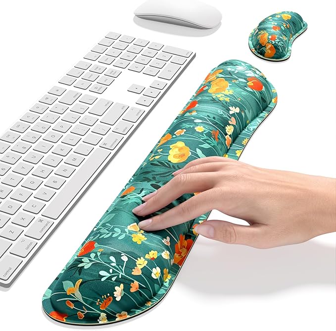 Dapesuom Enlarge Keyboard Wrist Rest Pad, Memory Foam Set Wrist Cushion Support for Easy Typing & Pain Relief, Mouse Wrist Pad, Anti-Slip Wrist Support for Gaming, Computer, Office, Forest Flowers