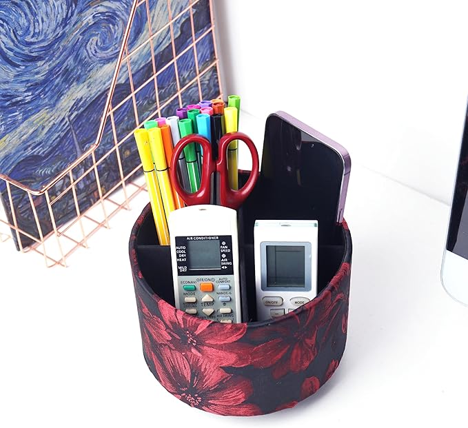 QIELIZI Round Leather Art Supply Organizer,Remote Control Holder,360 Degree Rotating,Multi-Functional Pencil Holder,4 Compartments Desktop Stationary Organizer(1-Dahlia Red)