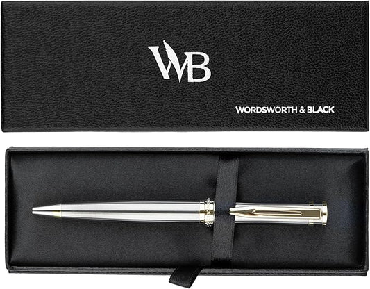 Wordsworth and Black Luxury Ballpoint Pen Set - Silver Lacquer 24K Gold Finish, Refillable Fine Point, Elegant Gift for Men & Women, Includes Ink Refill, Nice Pens for Work