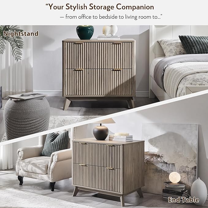 T4TREAM 2 Drawer File Cabinet, 31.8" W Fluted Lateral File Cabinet w/Files Hanging Rod for Letter/Legal/A4, Large Tabletop for Printer, Office Wood Printer Cabinets, Alder Grey (Gen 2)