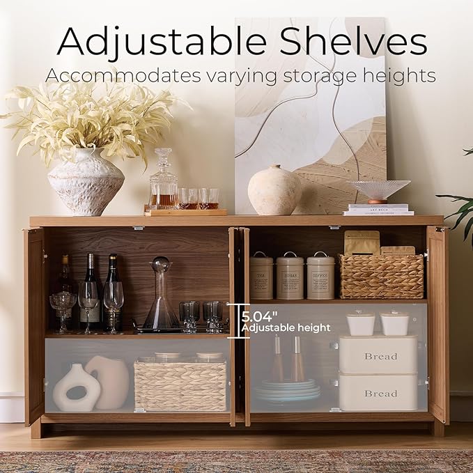 Walsham 61'' Buffet Cabinet with Storage, Adjustable Shelf Sideboard Rattan Entryway Console Cabinet with Doors Modern Credenza Coffee Bar Station for Kichen Living Room Holds 410lb Weathered Oak