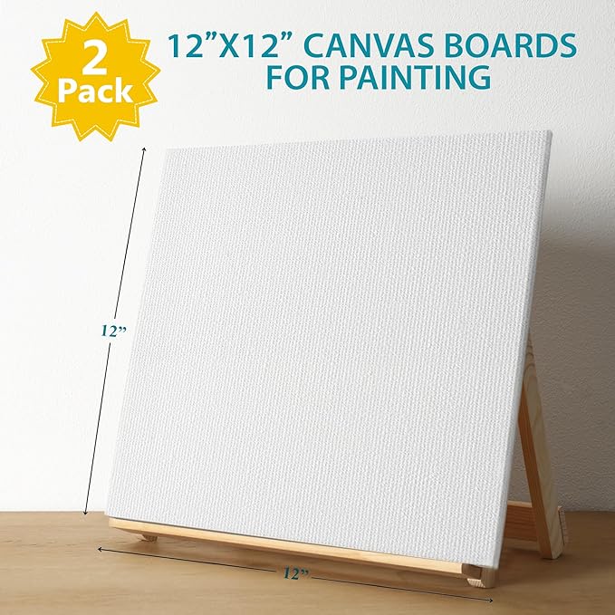 KEFF Canvas Boards for Painting - 12x12 2-Pack Bulk Canvas Panels, 100% Cotton Triple Primed Large Canvases for Art Painting Supplies, Acrylic, Oil, Watercolor & Tempera