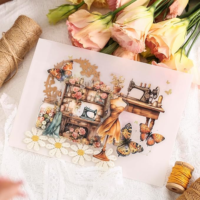 90Pcs Retro Sewing PET Stickers, Vintage Ephemera for Scrapbooking, Journaling Supplies, DIY Crafts, and Junk Journals, with Organizer