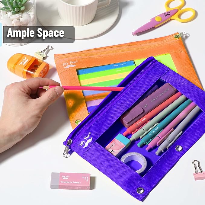 Mr. Pen- Pencil Pouch for 3 Ring Binder, 2 Pack, Orange and Dark Purple, 3 Ring Binder Pencil Pouch