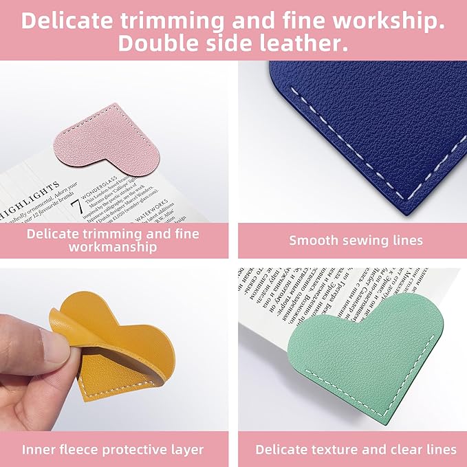 16Pcs Leather Heart Bookmarks,Cute Corner Page Book Marks,Book Accessories for Kids Women Book Lovers Teachers,Handmade Reading Gifts (16 PCS)