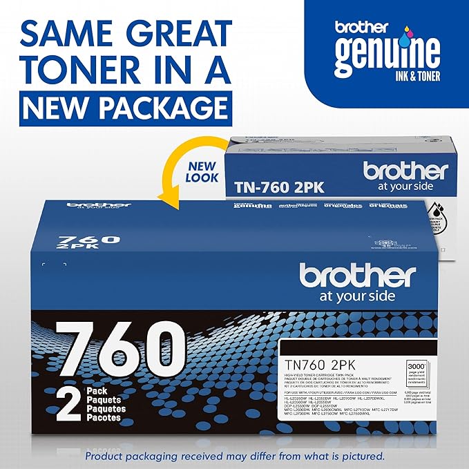 Brother Genuine High-Yield Black Toner Cartridge Twin Pack TN760 2Pk, TN7602PK,2 Pack