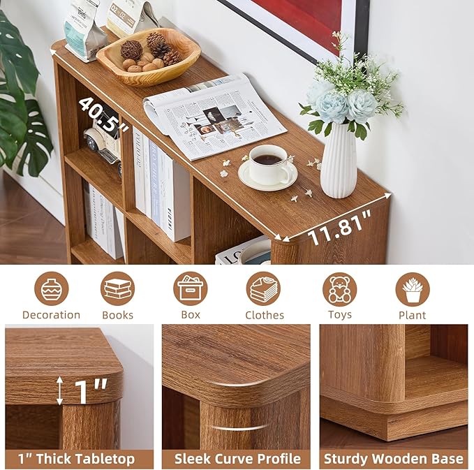 9 Cube Storage Book Shelf, 41" Tall Organizer Bookshelf with Curved Edge, Wood Floor Standing 3-Tier Cubby Bookcase with Base, Country Rustic Display Book Case for Library, Office, Brown