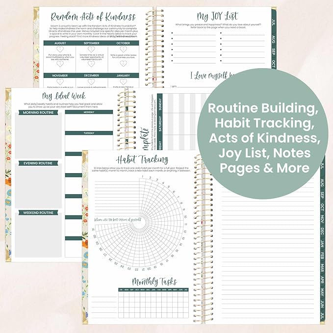 bloom daily planners HARDCOVER 2025-2026 Academic Year Day Planner (July 2025 - July 2026) - A5 Task Goal Organizer - Monthly & Weekly Inspirational Agenda Book - 5.5" x 8.25" - Garden Party, Beige