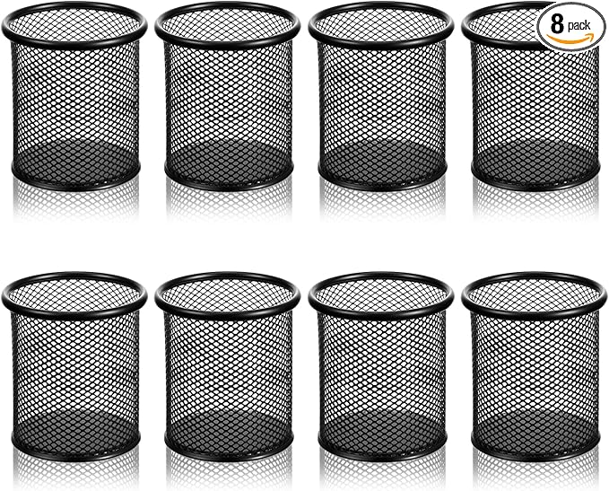 8 Pack Pen Holder for Desk, Black Metal Mesh Pencil Holders Small Trash Can Desktop Pen Holder Desk Accessories & Workspace Organizers for Home, Office, 3.8’’ Tall
