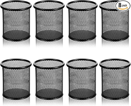 8 Pack Pen Holder for Desk, Black Metal Mesh Pencil Holders Small Trash Can Desktop Pen Holder Desk Accessories & Workspace Organizers for Home, Office, 3.8’’ Tall