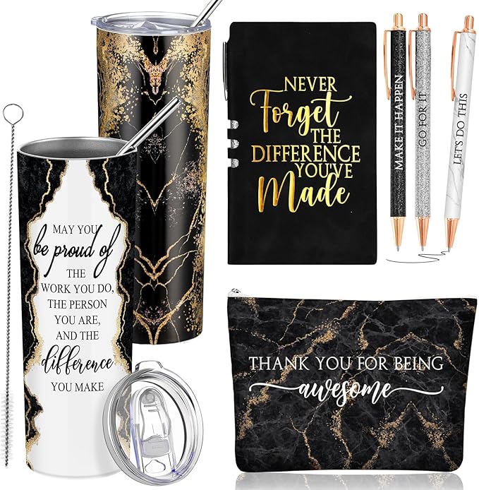 Domensi 6 Pcs Employee Appreciation Gift Set for Women Female Thank You Gift May You Be Proud 20 oz Rustic Marble Sign Tumbler Makeup Bag Journal for Teacher Nurse Lady Work Business(Black)