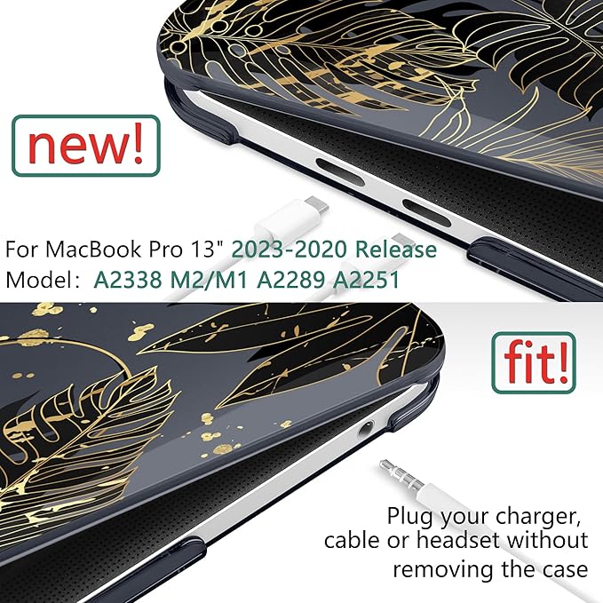 TWOLSKOO Compatible with MacBook Pro 13 inch Case 2023-2016 A2338 M2/M1 A2251 A2289 A2159 A1989 A1706, Plastic Hard Shell Cover & Keyboard Skin & Screen Protector - Golden Tropical Leaf