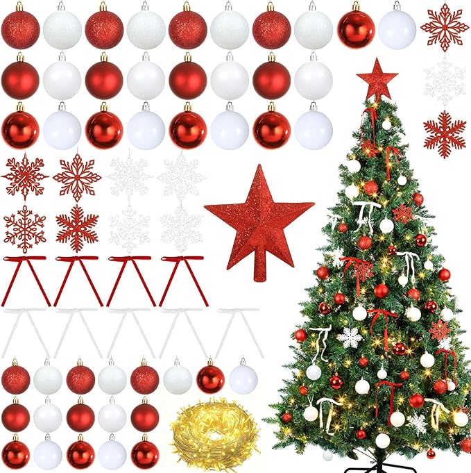 86Pcs Led Light Red and White Christmas Tree Decorations Set 100 Led Light Christmas Star Trees Topper with String Lights Xmas Balls Snowflakes Ornaments Bows Xmas Trees Decor 20m Light String