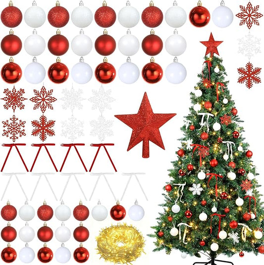 86Pcs Led Light Red and White Christmas Tree Decorations Set 100 Led Light Christmas Star Trees Topper with String Lights Xmas Balls Snowflakes Ornaments Bows Xmas Trees Decor 20m Light String