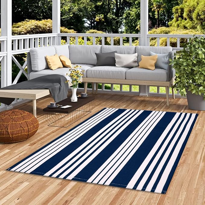 OJIA Washable Area Rugs 4'x6', Cotton Woven Indoor Outdoor Rugs Striped Patio Rugs Entryway Rug Carpet Large Area Rugs for Bedroom/Porch/Deck/Backyard/Camping/Living Room