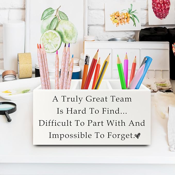 Team Office Pen Pencil Holder Organizer for Desk, Team Appreciation Gifts for Employees, Gifts for Coworkers Women Men Wooden Box Sign for Home Office Desk Tabletop Decorations