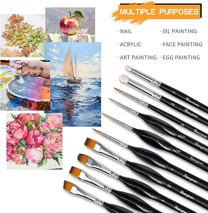 10 Pieces Exquisite Detail Paint Brush Set with Copper Tube and Special Double - Wire - Binding Process，Birch Wood Pen,Triangular Grip. Suitable Oil, Watercolour, Acrylic, Digital Painting