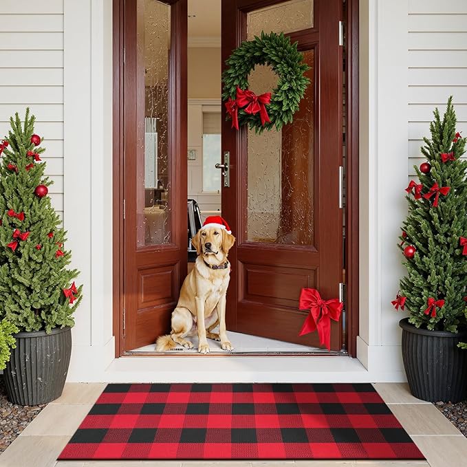Christmas Door Mats Outside 24"x 51", Red/Black Buffalo Plaid Outdoor Rug Washable Cotton Hand-Woven Front Door Rug, Checkered Reversible Layered Door Mat for Porch,Entryway