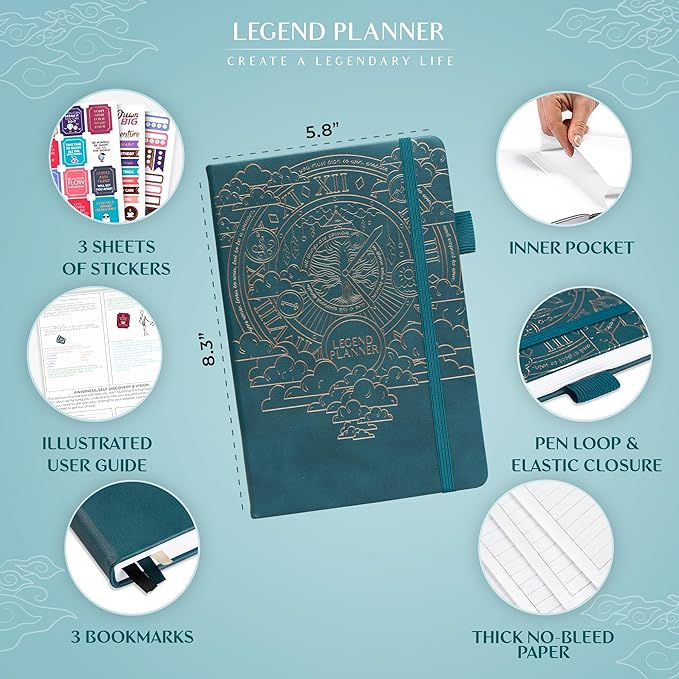 Legend Planner Hourly Schedule Edition – Deluxe Weekly & Daily Organizer with Time Slots. Time Management Appointment Book Journal for Work & Personal Life, Undated, A5 Hardcover – Dark Teal Gold