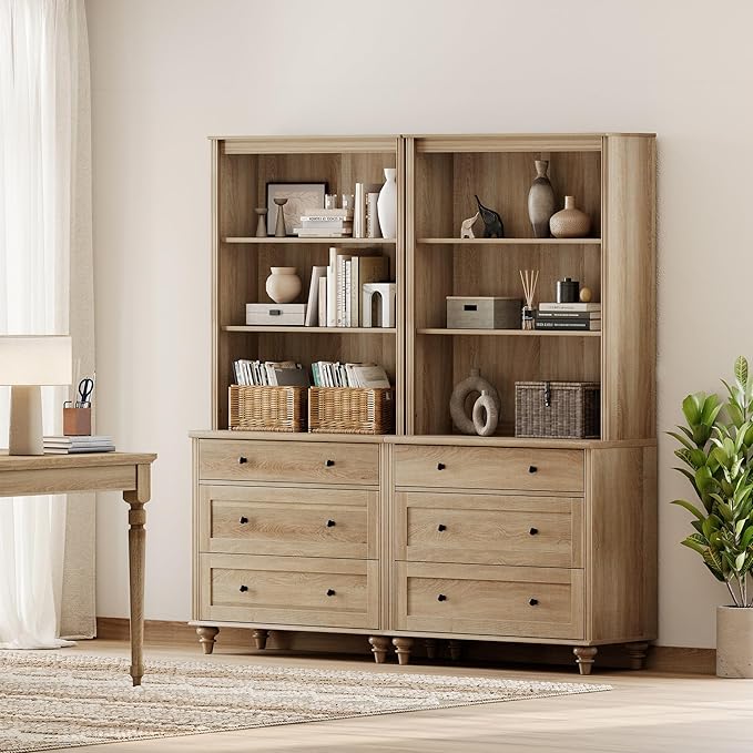 WAMPAT 3 Tier Bookshelf with 3 Drawers, 72" Tall Bookcase Large Farmhouse Display Book Case Shelf with 3-Tier Open Book Shelfs，Library Wood Bookshelves for Living Room,Kitchen, Oak(2PCS)