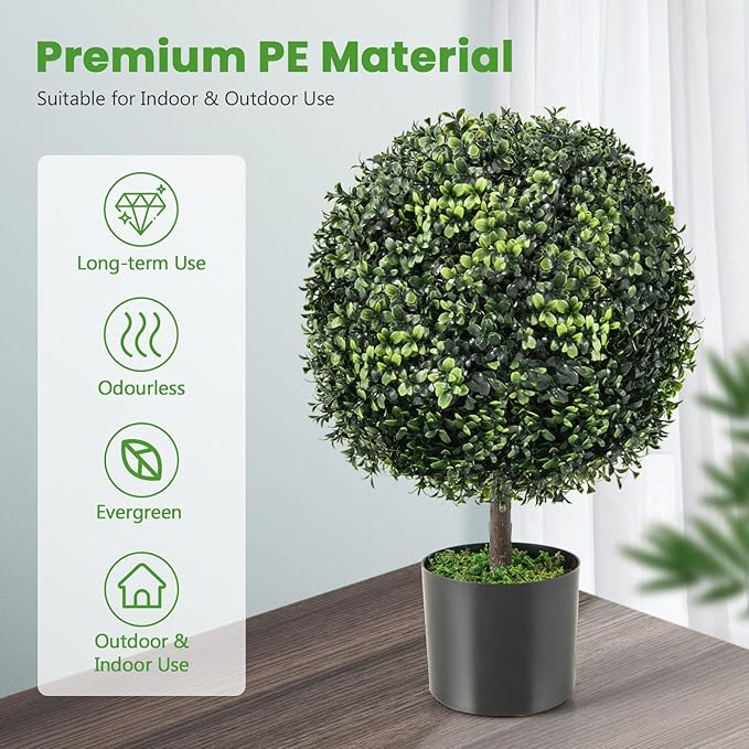 Goplus 22” Artificial Boxwood Topiary Ball Tree, Set of 2 Faux Potted Plants Artificial Shrubs Bushes with Cement Pot, Fake Evergreen Artificial Topiary for Indoor Outdoor Home Front Porch Decor