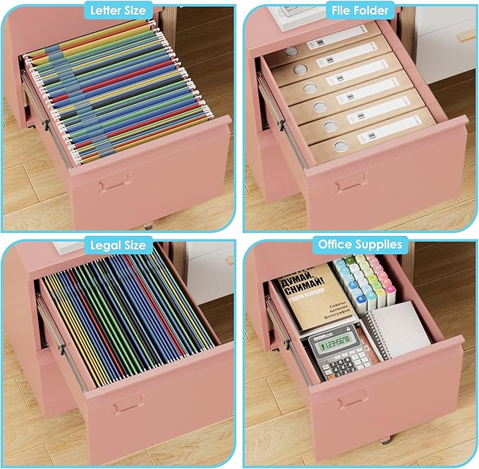 Aobabo 2 Drawer File Cabinet, Lockable Metal Filing Cabinet with Wheels for Home Office, Legal/Letter Size, Required Assembled,Pink