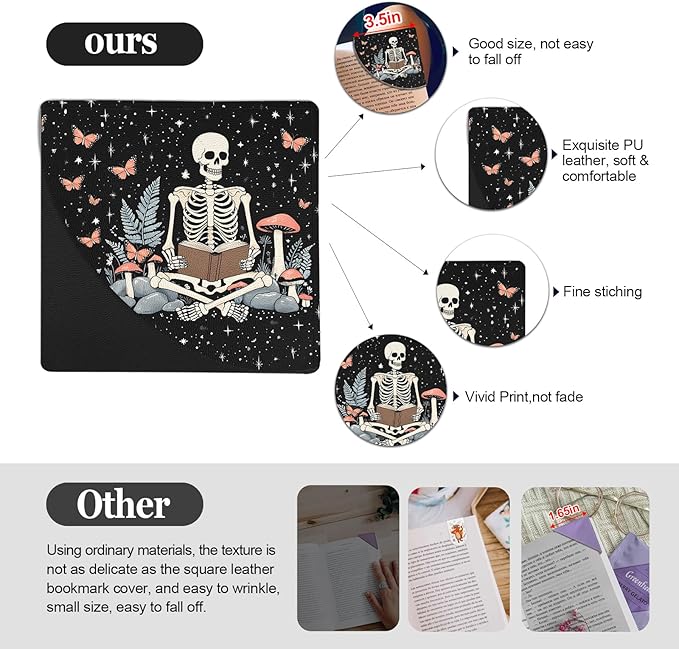 Skeleton Leather Bookmarks 4 Pieces, Funny Book Accessories for Reading Lovers, Corner Page Markers for Women Men Kids Students Teachers Retirement Birthday Gift (Skull Reading)