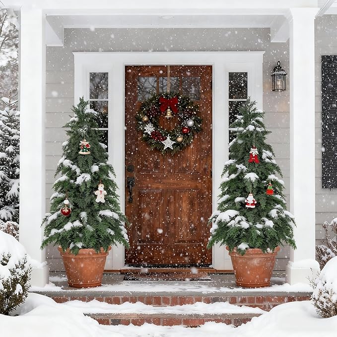 2Pack Artificial Topiary Trees, 4FT Faux Cypress, Faux Evergreen Pine Shrubs Plants with Pot, Potted Plants for Front Porch Indoor Outdoor Garden Christmas Decor