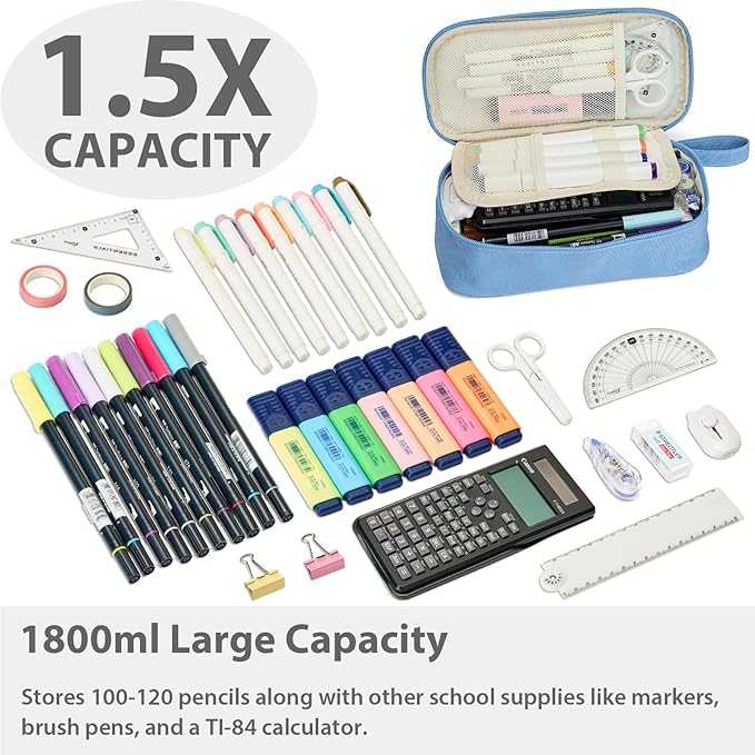 Pencil Case Pouch Box Bag School Supplies Girls Boys Kids, Cute Preppy Stuff Large Big Capacity Aesthetic Pen Organizer, Back to College Stationary, Cornflower Blue, Standard Stlye, 1800ml