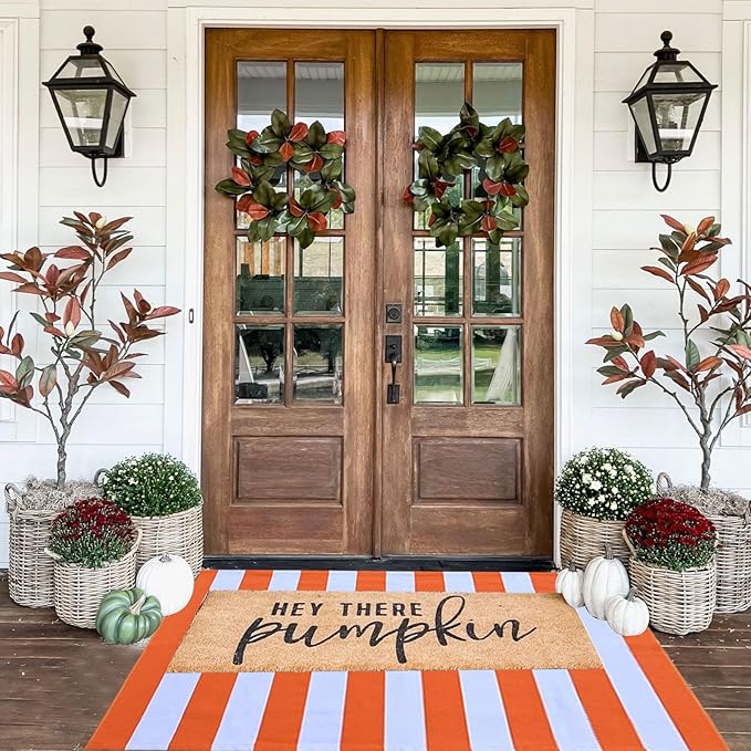 CAINANEL Fall Outdoor Rug 3' x 5' Orange and White Striepd Rug Front Door Mat Halloween Thanksgiving Fall Autumn Home Decor, Layerd Welcome Doormat for Front Porch Decor, Front Door, Farmhouse Decor