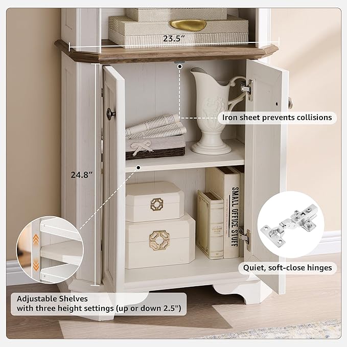 T4TREAM 6-Tier Bookshelf with Storage, 72" Tall Farmhouse Bookcase with Doors and Adjustable Shelves, Wooden Floor Standing Display Book Shelf Organizer for Home Office, Antique White