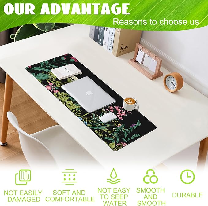 Large Gaming Mouse Pad for Desk,Wildflowers Night Desk Mat,Wild Floral Flower Desk Pad,Extended Big Computer Keyboard Mouse Pad with Non-Slip Base and Stitched Edge,31.5"x11.8"