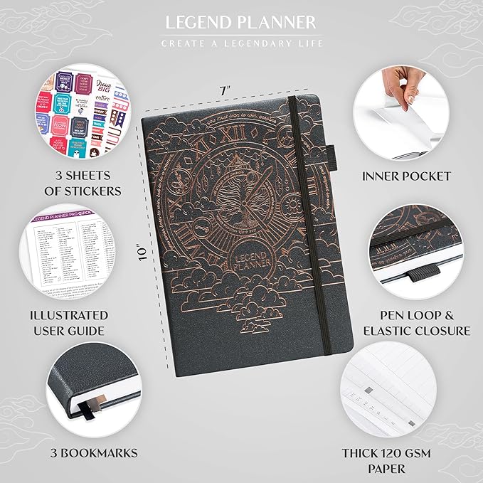 Legend Planner PRO – Deluxe Weekly & Monthly Life Planner to Increase Productivity and Hit Your Goals. Time Management Organizer Notebook – Undated – 7 x 10" Hardcover + Stickers – Mystic Gray