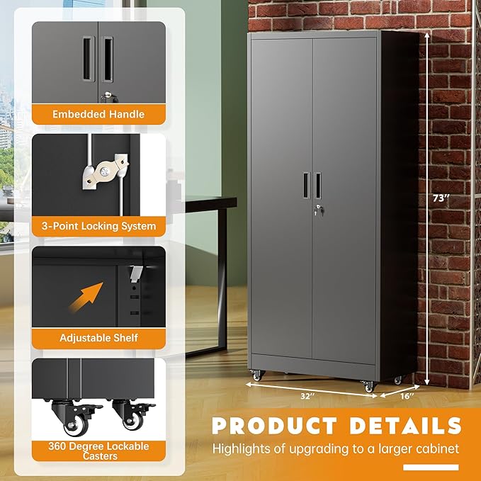 Greenvelly 74" Metal Storage Cabinet with Wheels, Lockable Rolling Metal Garage Cabinets with 2 Doors and 4 Adjustable Shelves, Rolling Tool Cabinet for Garage, Home Office, School