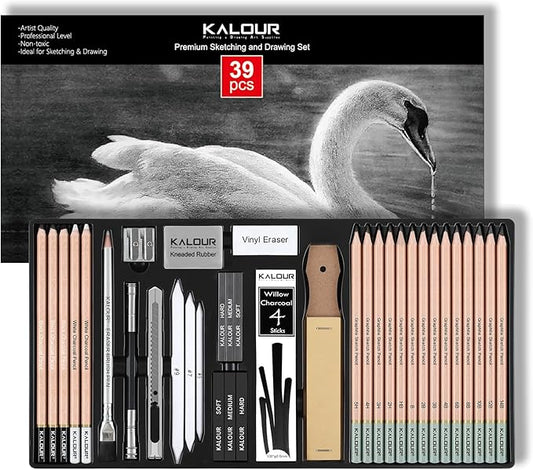 39pcs Drawing Pencil Set, Professional Sketch Pencils (5H-14B), Black and White Charcoal Pencils for Sketching, Eraser Brush Pen, Charcoal Sticks, Art Pencils Set for Artists & Beginners