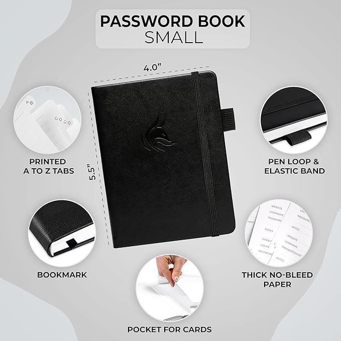 Clever Fox Password Book with alphabetical tabs. Internet Address Organizer Logbook. Small Pocket Password Keeper for Website Logins (Black)