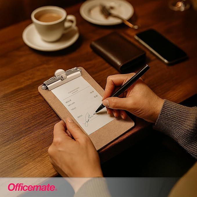 Officemate 5" x 9" Clipboard for Receipts, Low Profile Metal Clip & Pen Holder on Top, Memo Size for Restaurants, Hotels, Food Trucks, Bars, Schools, 12 Clipboards + 12 Zebra Pens (83157)