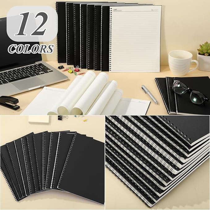 Eelosp 12 Pack Large Spiral Notebook 8.5 x 11 Inch Lined College Ruled Spiral Journal Wire Bound Notebook Kraft Cover, 120 Pages for Work Students Office Business(Black)