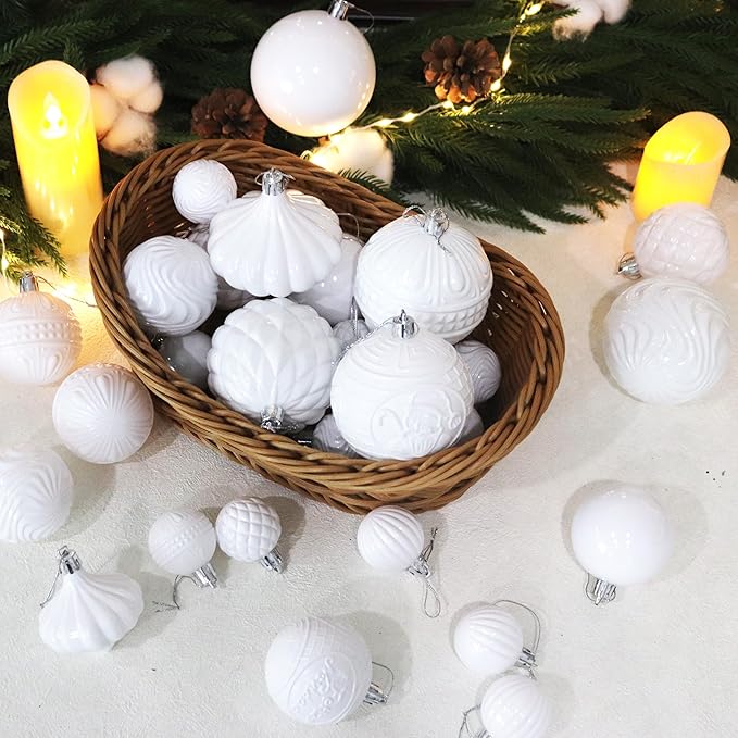 Senjie 36pcs Shatterproof Multi-Size Multi-Style White Christmas Ornaments