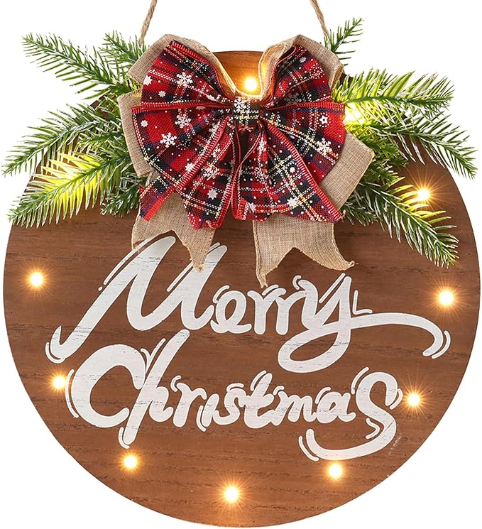 HOMCDALY Merry Christmas Sign for Front Door, Wooden Hanging Sign Door Decoration with 12 LED Light, Winter Welcome Wreath indoor outdoor Décor, Christmas Decoration.