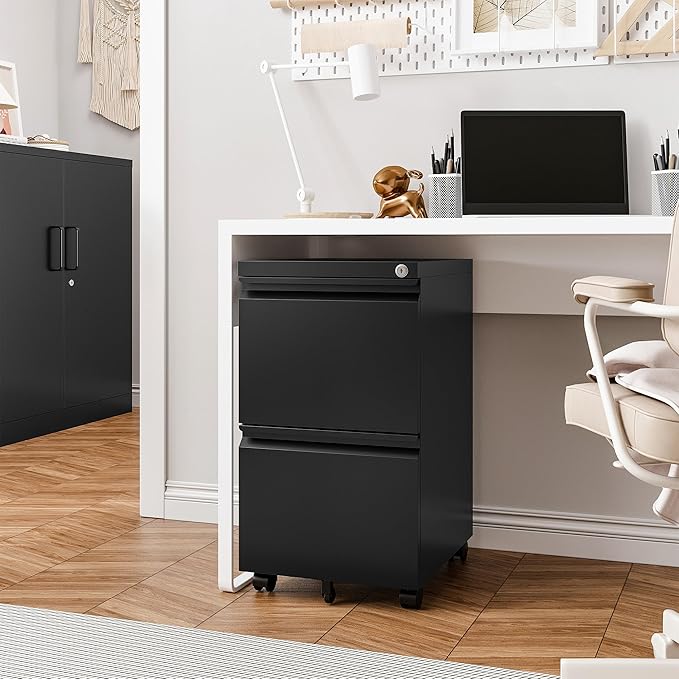 Mobile File Cabinet with Lock - 2 Drawer, Small Rolling Cabinet for Home Office, Legal/Letter/A4 (Black)