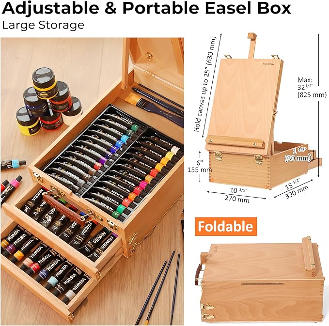 VISWIN Deluxe Acrylic Paint Kit with Tabletop Easel Box, 74 Pcs Painting Kit with 48 Acrylic Paint Set, Canvas, Brushes, Art Supplies for Adults, Artists, Beginners