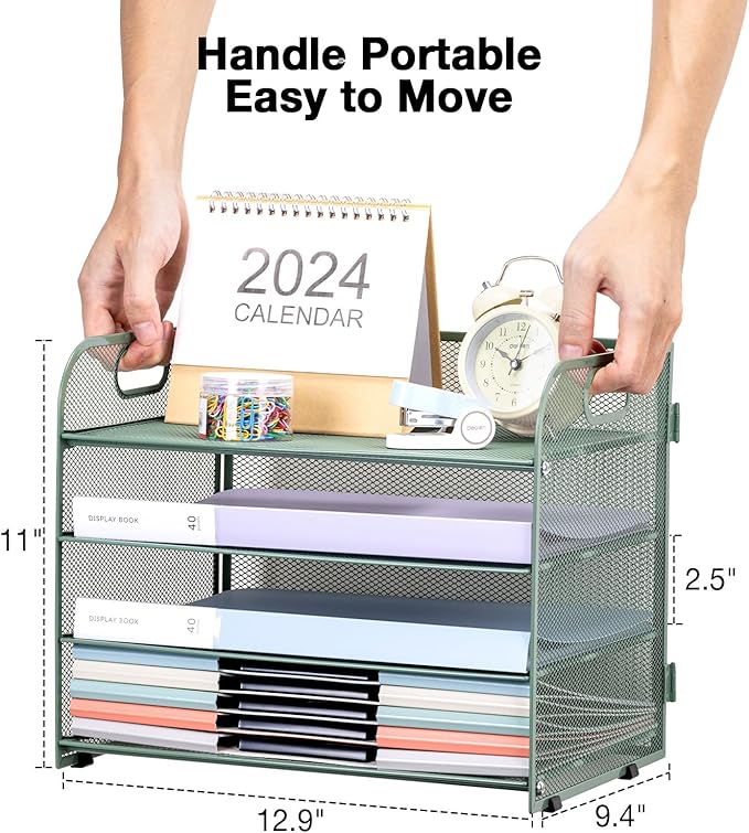 Green Mesh Letter Tray Paper Organizer with Handle - 4-Tier Desk Organizer for Office Supplies
