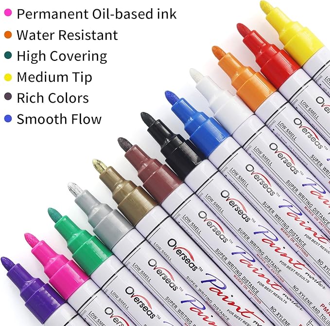 Overseas Paint Markers Pens, 12 Colors Painting Marker on Almost Anything, Quick Dry and Permanent, Oil-Based Paint Pens Set for Rock, Wood, Metal, Fabric, Plastic, Canvas, Glass, Rubber, DIY Craft