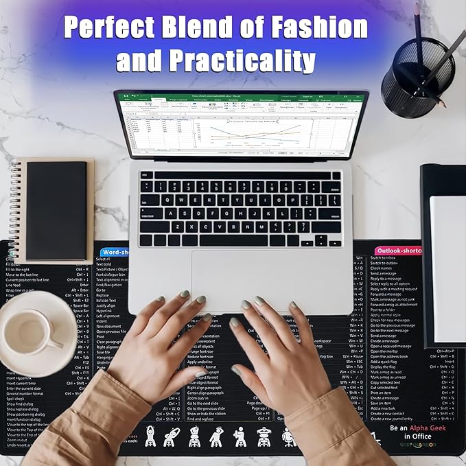 Keyboard Shortcuts Mouse Pad, Windows/Excel/Word/PPT/Classic Outlook Cheat Sheet Desk Mat, Large XXL Mousepad for Employees Coworkers Appreciation Gifts,35.4×15.7 inch